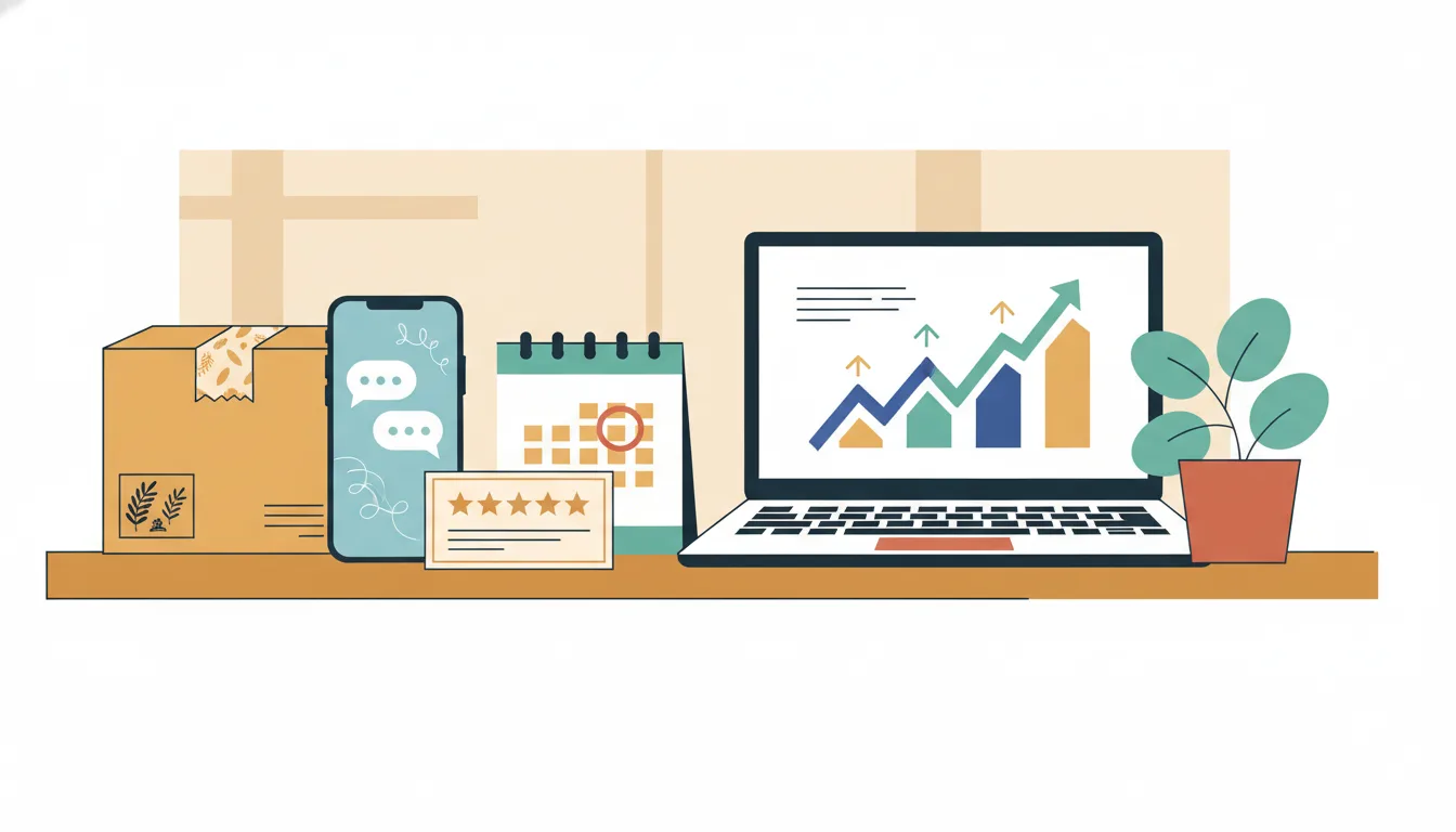 Illustration of a small business tool stack with messages, reviews, shipping, and analytics